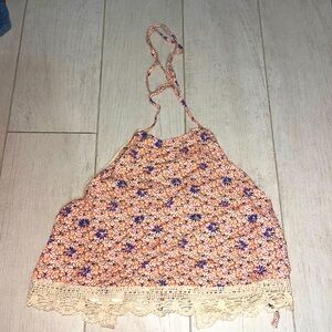Love, Mar open back halter tie neck top with floral detailing and crochet trim